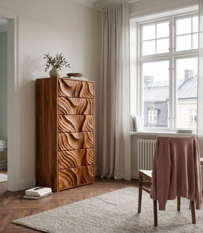 Organic Tall Dresser With Ripple Carved Drawer Fronts For Bedroom