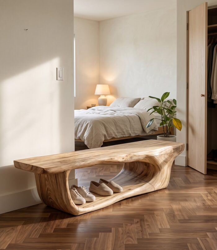 Organic Shoe Bench With Open Shoe Storage For Entryway