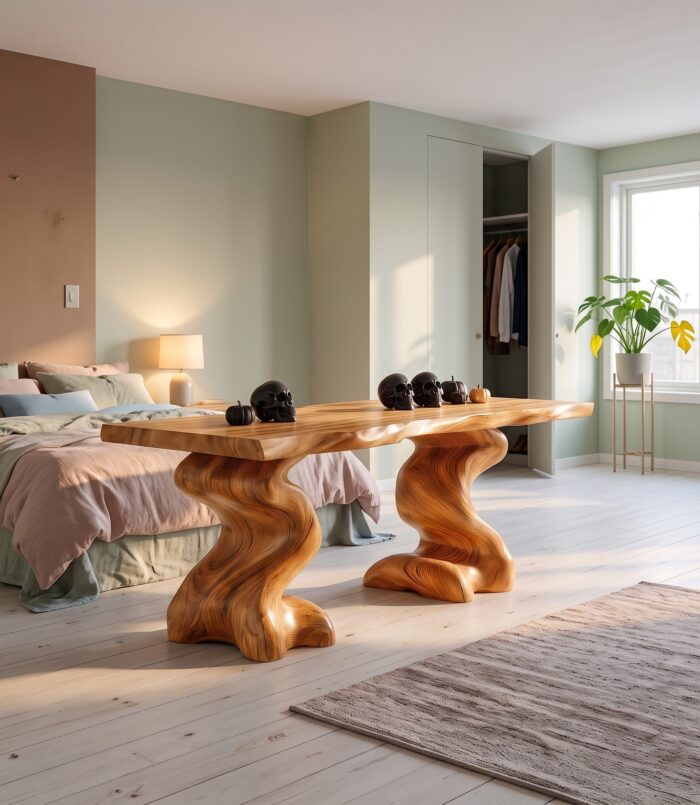 Natural Wooden Desk With Root Form Base For Workspace