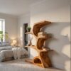 Artistic Curved Bookshelf, Contemporary Natural Wood Open Bookcase Display Stand for Modern Living Room
