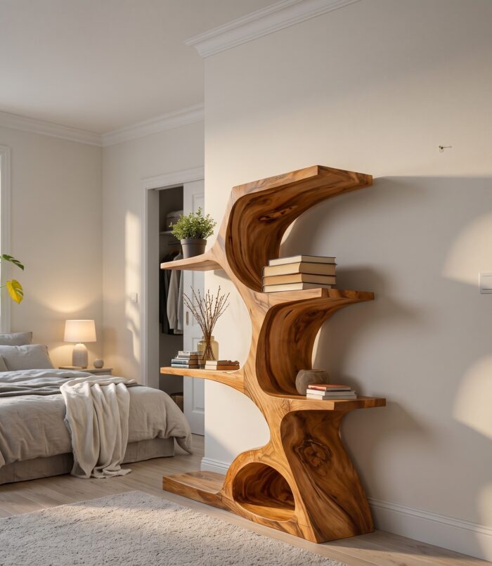 Artistic Curved Bookshelf, Contemporary Natural Wood Open Bookcase Display Stand for Modern Living Room
