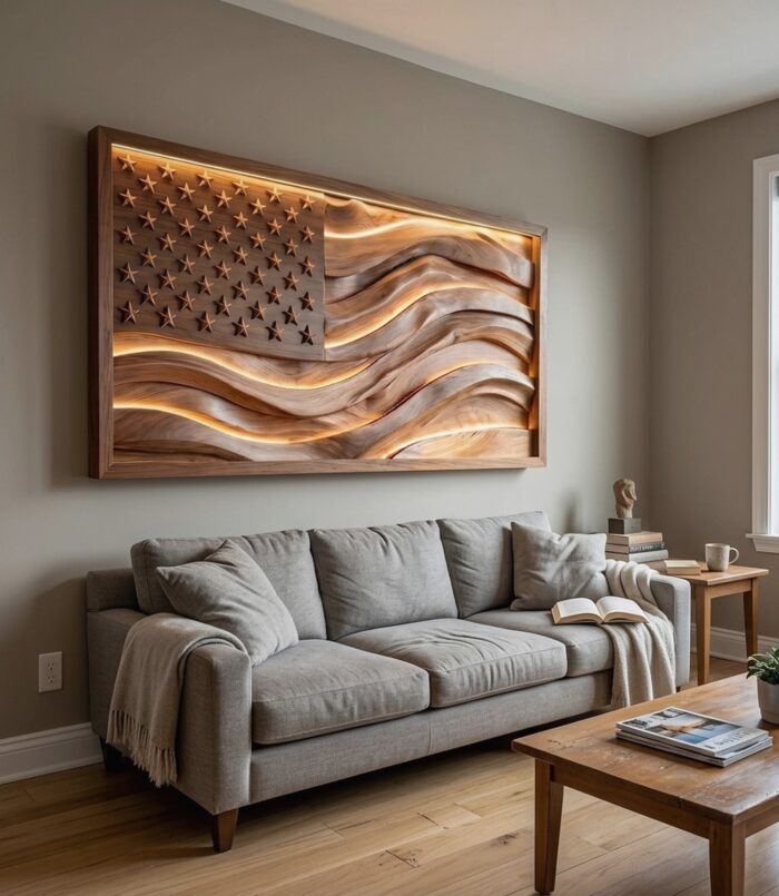 Illuminated American Flag Wood Wall Art, Backlit Handcrafted USA Patriotic Wooden Flag Sign for Office, Study & Living Room decor