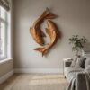 Contemporary Wood Wall Sculpture With Carved Koi Fish Design For Living Room And Office
