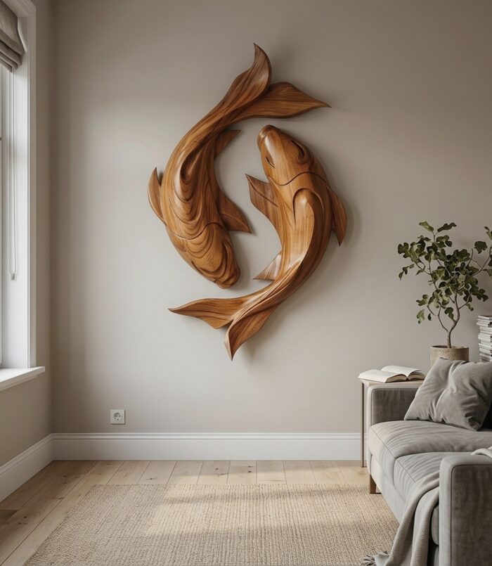 Contemporary Wood Wall Sculpture With Carved Koi Fish Design For Living Room And Office