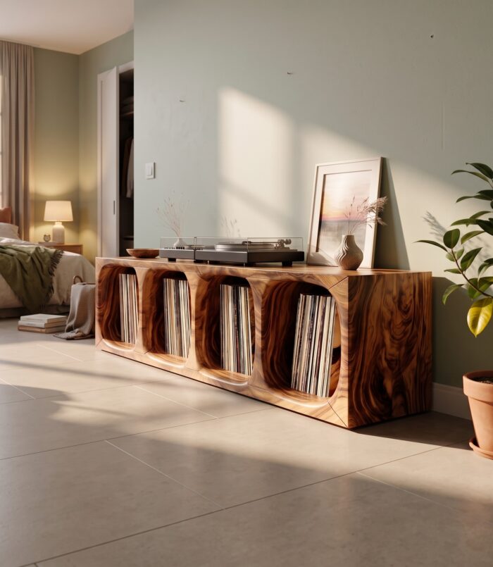Contemporary Arch Wood Vinyl Storage Cabinet, Handcrafted Modern Record Player Stand for Audiophile, Model