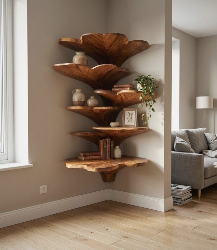 Boho Leaf Shaped Wooden Corner Shelf, Handcrafted Floating Tiered Wall Mounted Display Rack for Kids Nursery & Bedroom Decor