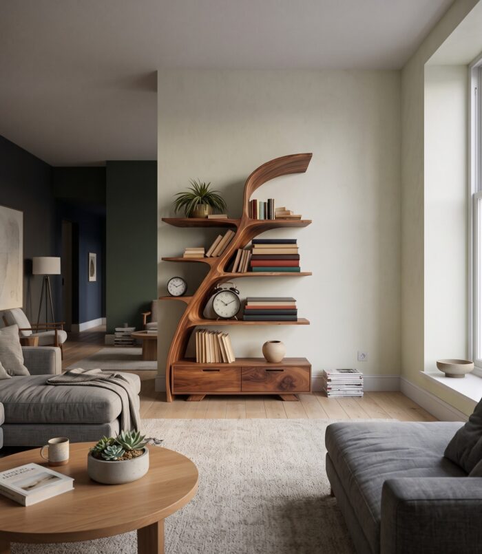 Organic Wooden Bookshelf For Living Area