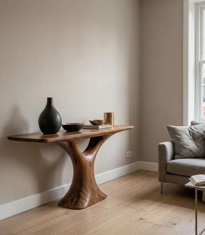 Mid Century Entry Table Smooth Sculptural Form Elegant Welcome Area