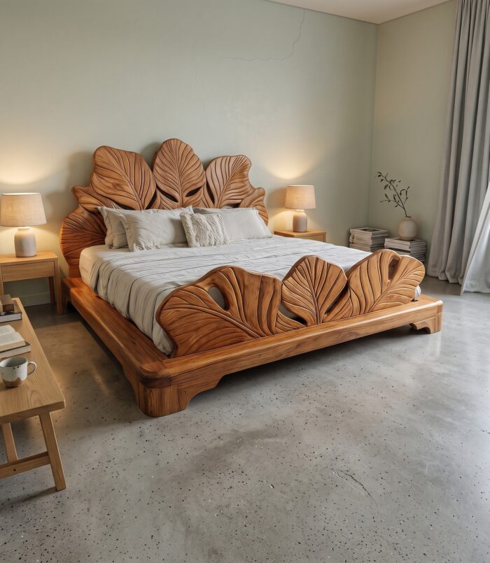 Boho Rattan Platform Bed Frame with Woven Cane Headboard, Solid Wood Tropical Mid-Century Bed Frame
