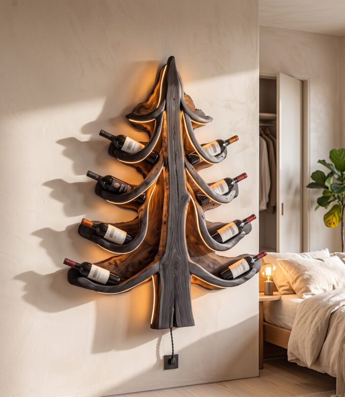 Modern Wine Display Rack With Sculptural Pine Tree Design For Home Bar