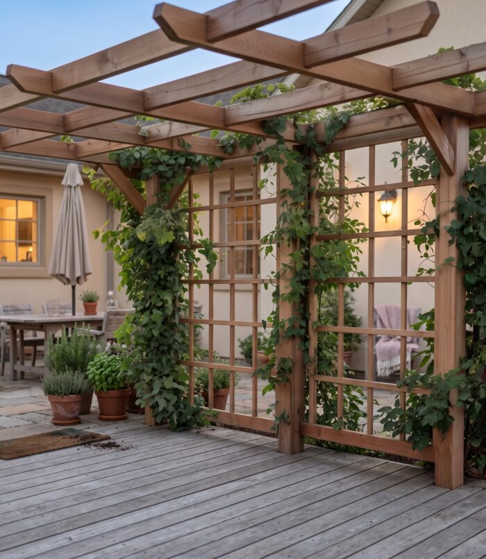 Rustic Handcrafted Outdoor Garden Seating And Trellis For Patio Or Yard