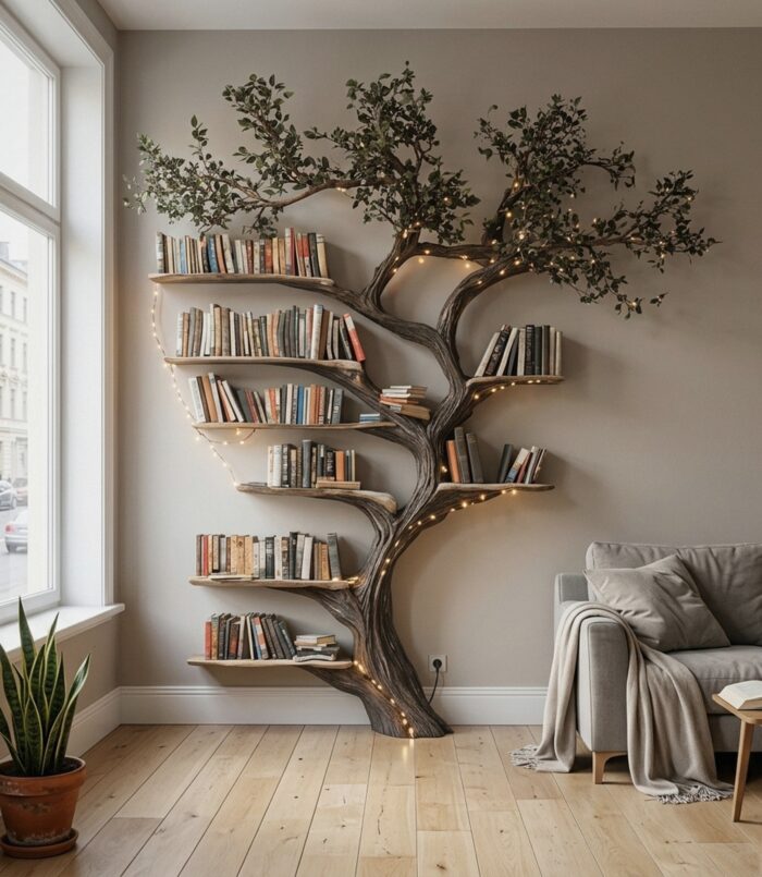 Black Tree Branch Bookshelf Wall Mount Mid Century