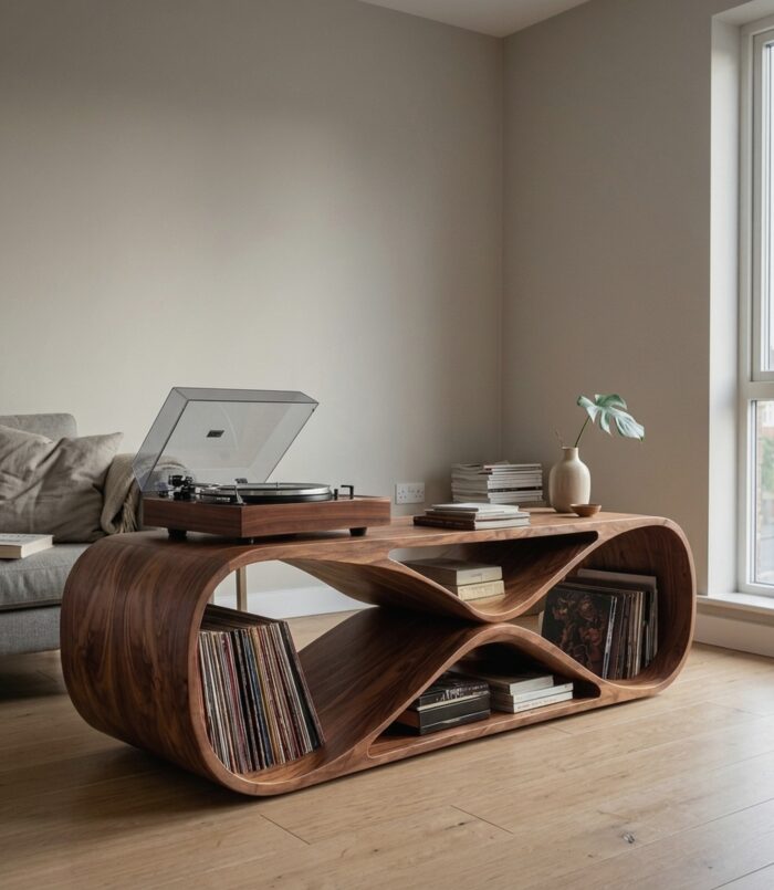 Contemporary Sculptural Wooden Record Player Console For Living Room