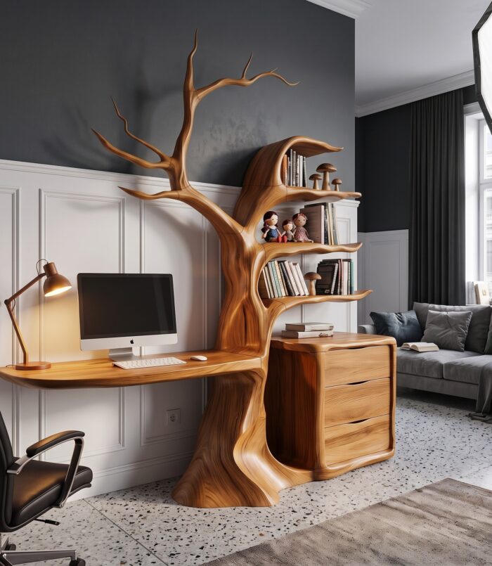 Natural Floating Desk With Sculptural Tree Bookshelf For Home Office