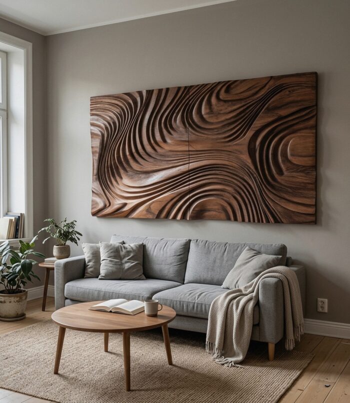 Abstract Sculptural Wood Wall Art With Carved Wave Patterns For Living Room Or Bedroom