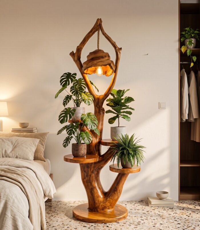 Modern Halloween Multi Tier Plant Stand With Sculptural Branch Shelves For Sunroom