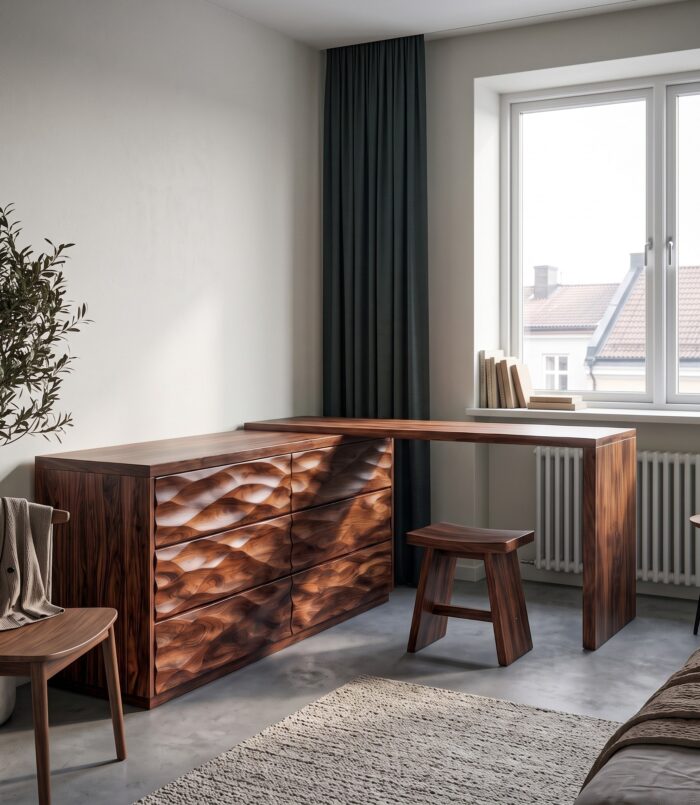 Scandinavian Wooden Dresser With L Shaped Desk Extension For Bedroom