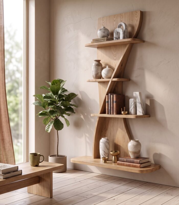 Sculptural Bookshelf Handcrafted Curved Wood Shelves For Home Office