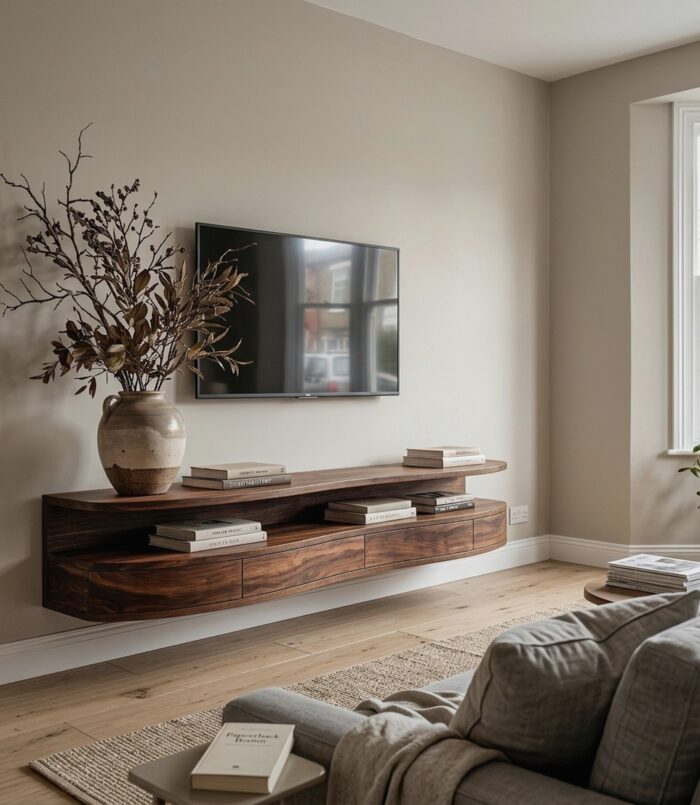 Contemporary Floating TV Stand with Built-In Drawer Storage, Wall Mounted Solid Wood Media Console, Entertainment Center Shelf