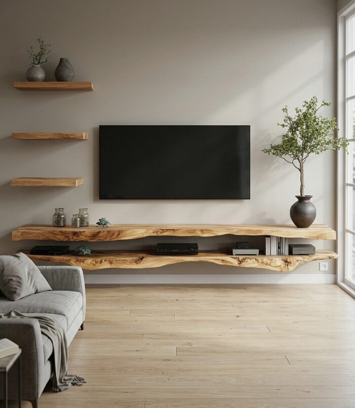Combo 2 Pieces Rustic Floating TV Stand Living Room Media
