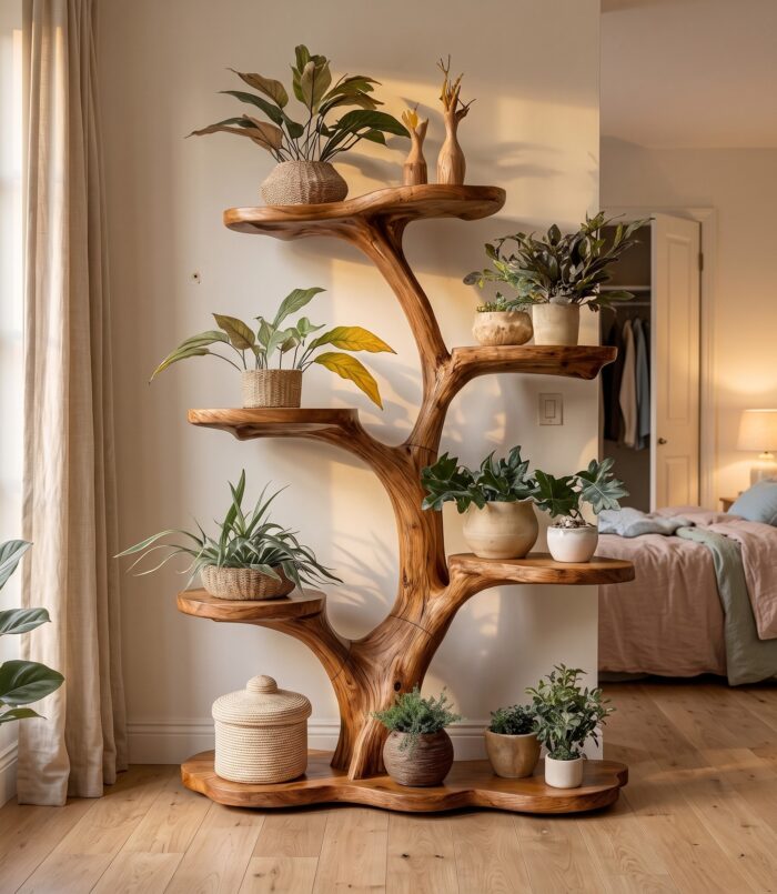 Rustic Tree Plant Shelf Indoor Green Display Living Room