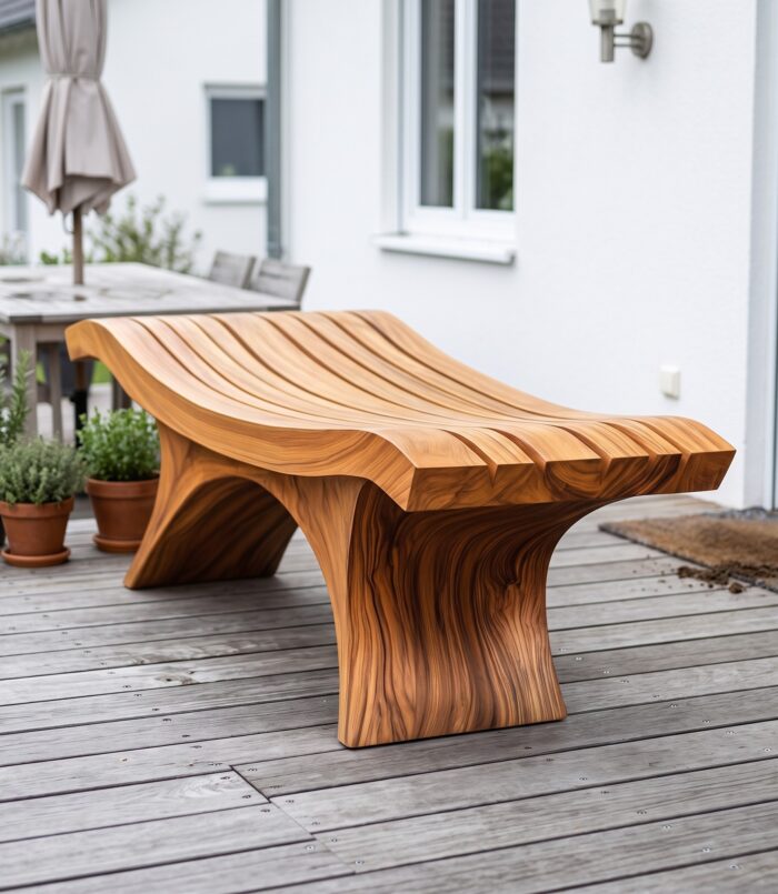 Sculptural Modern Outdoor Wood Bench Garden Patio
