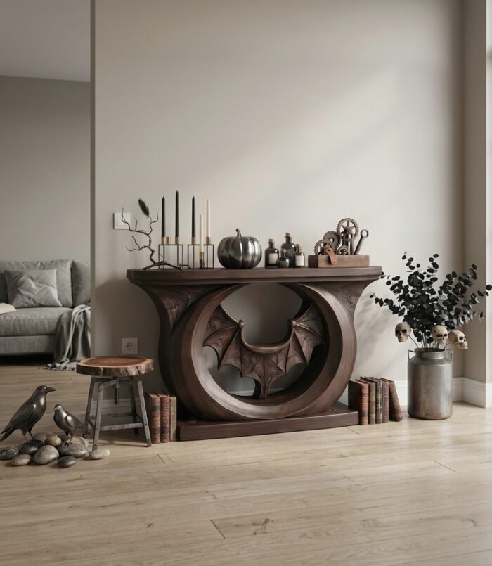 Contemporary Halloween Console Table With Sculptural Bat Design For Entryway And Living Room
