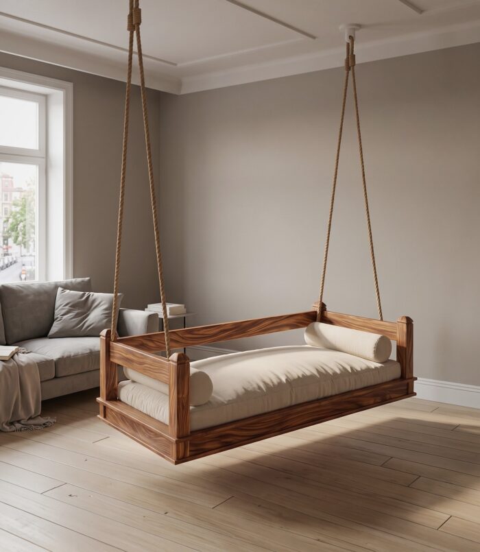 Mediterranean Wooden Hanging Daybed Swing Elegant Villa Patio