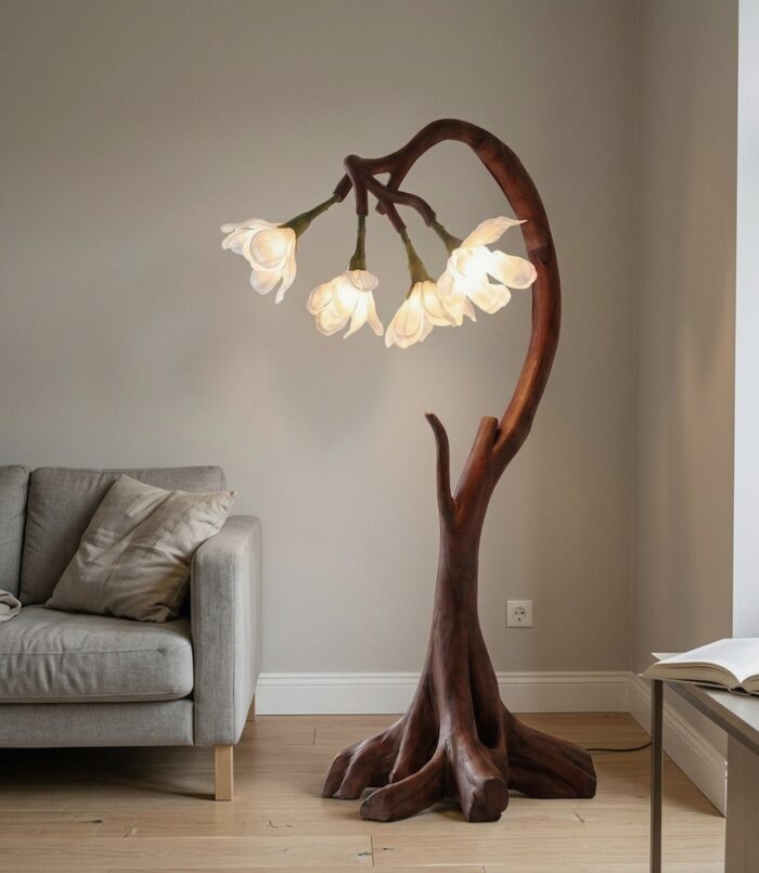 Bloom Floor Lamp With Sculptural Wooden Stand For Living Room And Bedroom