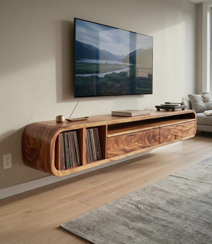 Floating Walnut TV Cabinet Vinyl Record Storage