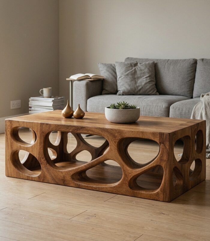 Architectural Carved Solid Wood Coffee Table Organic Void Design Statement Living Room Interior