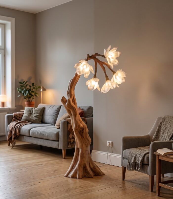 Botanical Standing Floor Lamp with Flower Petal Shade, Handcrafted Wood Base Tall Accent Lamp for Living Room