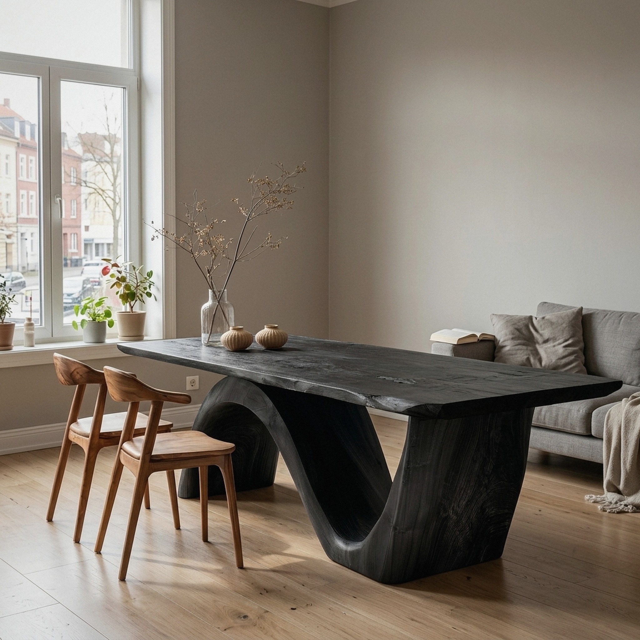 1_858c0c50.jpg Contemporary Curved Base Wood Dining Table For Dining Area
