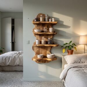 Sculptural Floating Shelf With Organic Wooden Form For Living Room And Kitchen