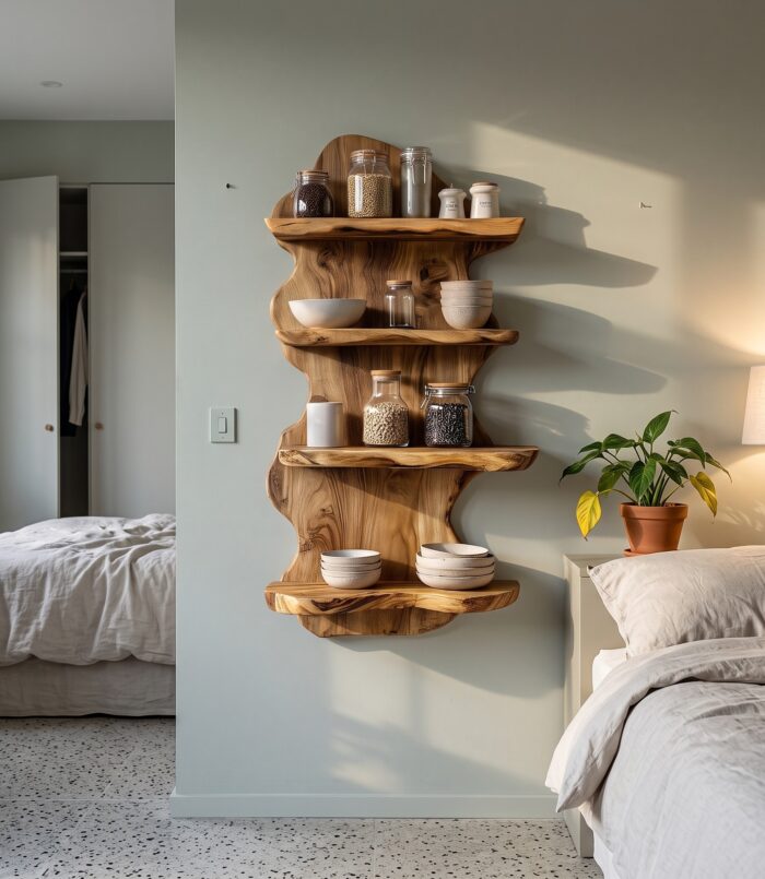 Sculptural Floating Shelf With Organic Wooden Form For Living Room And Kitchen