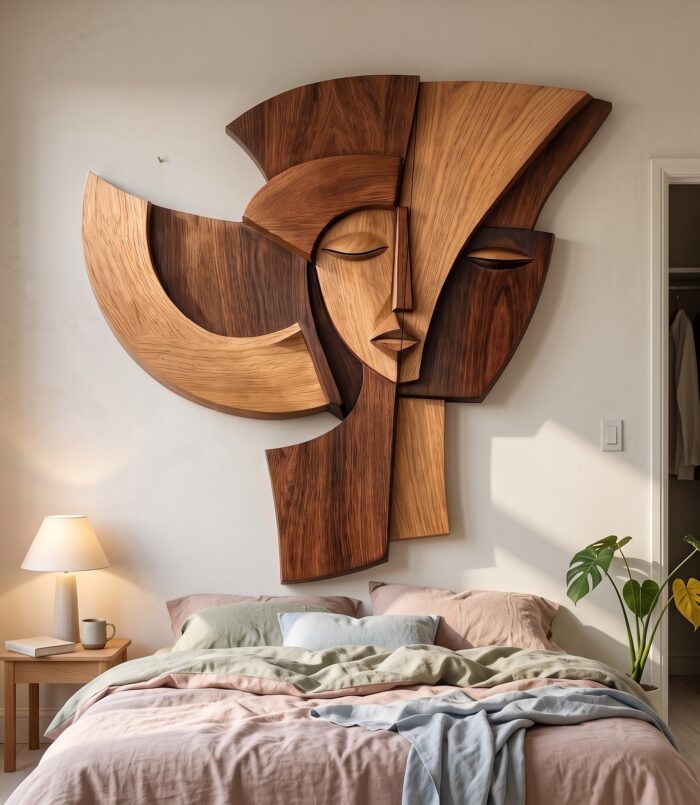Abstract Wooden Face Wall Decor Panel, Handcrafted Modern Cubist Silhouette Portrait Art Sculpture for Home