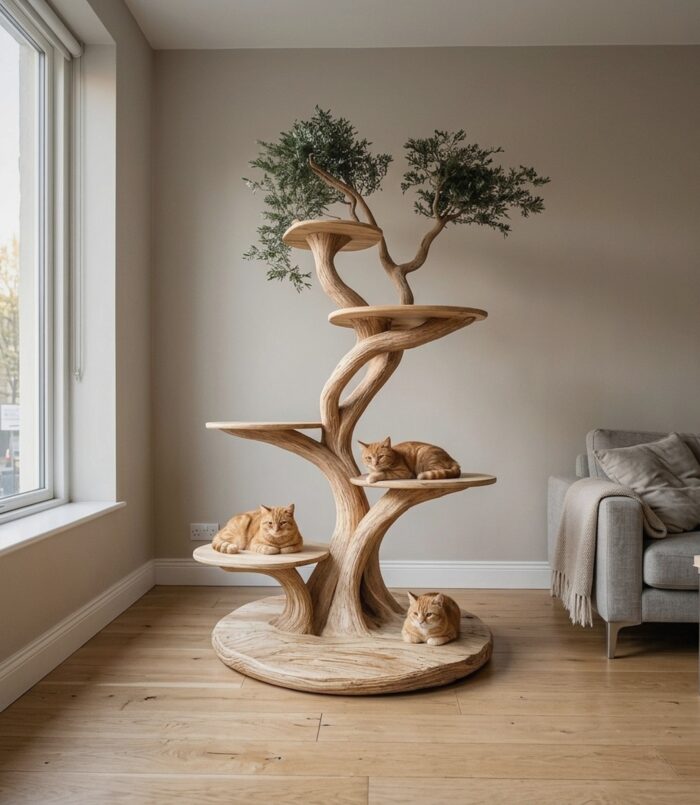 Custom Handmade Wooden Cat Tree Modern Large Climbing Tree Unique