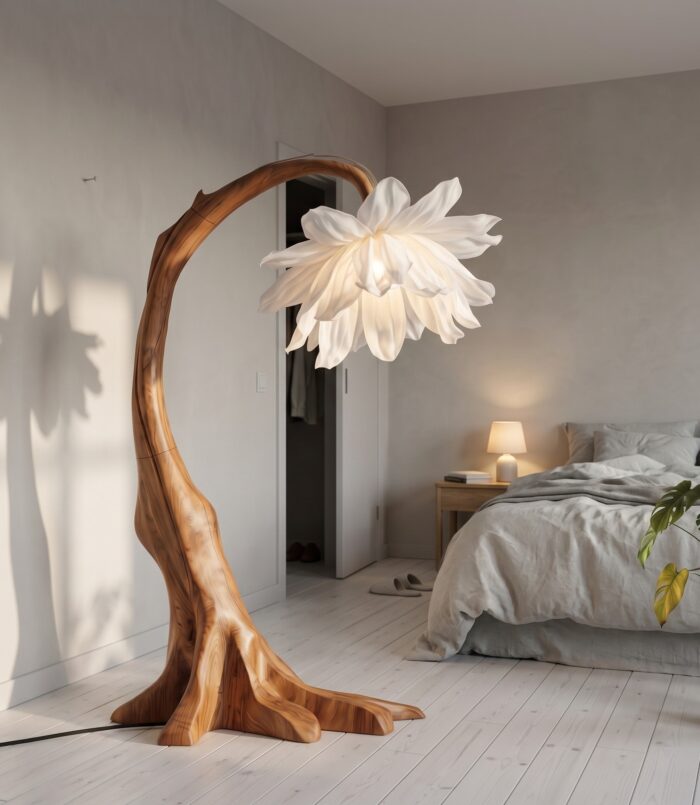 Contemporary Floor Lamp, Sculptural Floral Design Handcrafted Wooden Standing Tall Light for Living Room