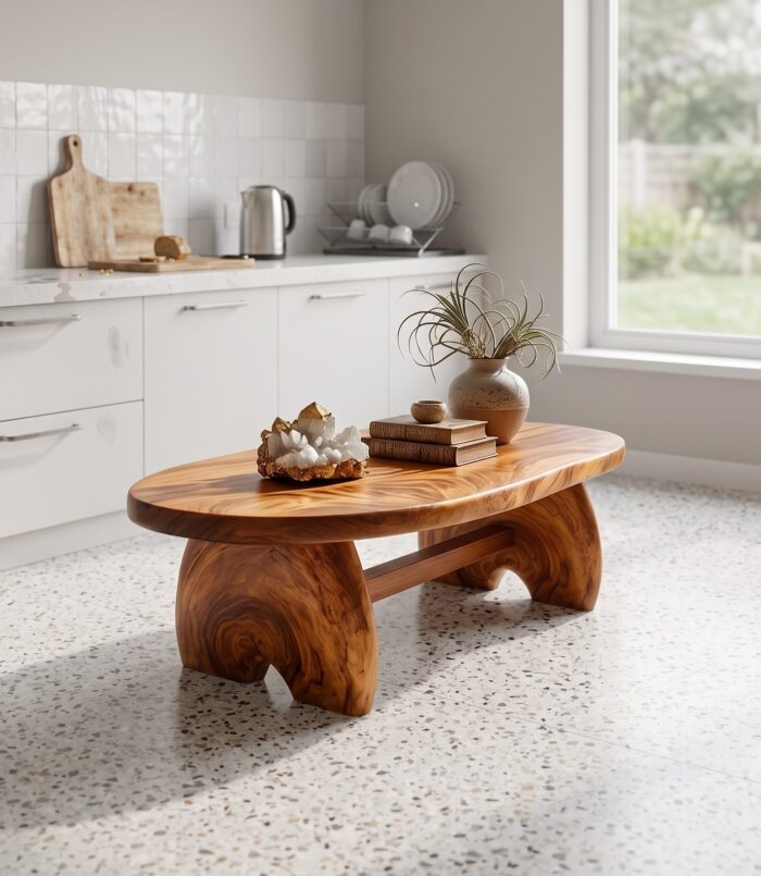 Boho Oval Solid Wood Coffee Table, Bohemian Style Lounge Center Table for Moroccan Inspired Living Room Decor