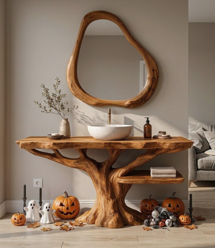 Gothic Halloween Bathroom Vanity With Lower Display Shelf For Bathroom