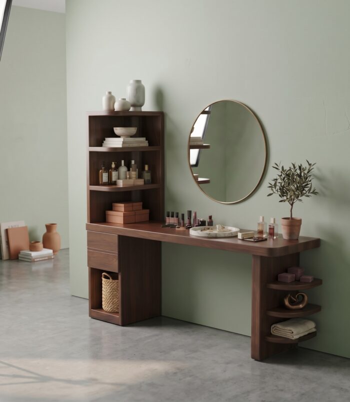 Contemporary Corner Makeup Vanity, Space-Saving Dressing Table with Vertical Storage Shelves for Bedroom Decor