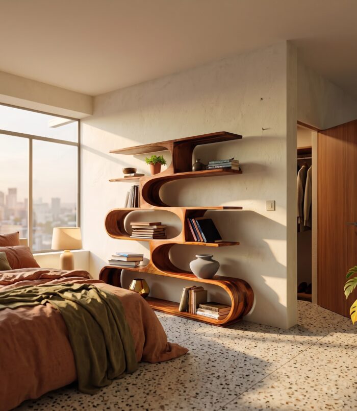 Artistic Curved Bookcase, Handcrafted Wood Bookshelf with Sculptural Design for Modern Living Room Decor