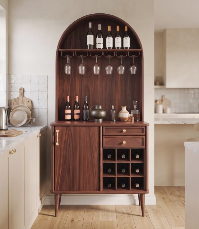 Classic Wood Wine Cabinet with Storage, Handcrafted Solid Wood Bar Cabinet with Glass Holders for Dining Room
