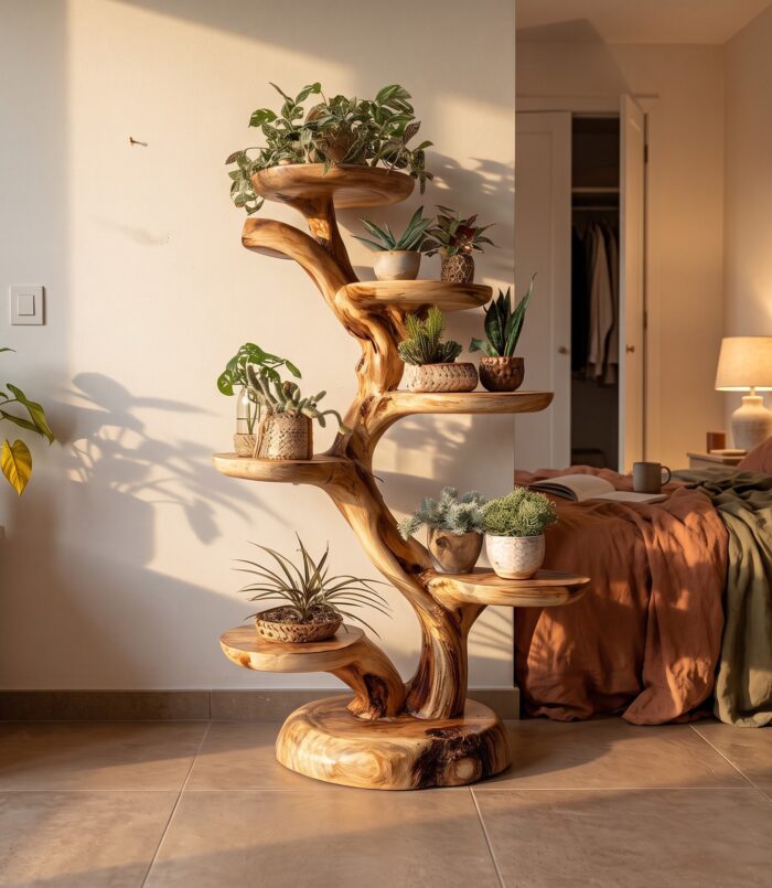 Rustic Tree Plant Stand Botanical Living Room