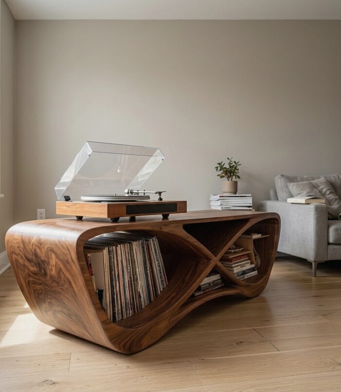 Contemporary Curved Wooden Record Player Console For Living Room
