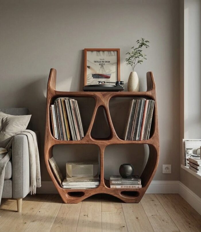 Elegant Sculptural Wooden Record Cabinet For Living Room
