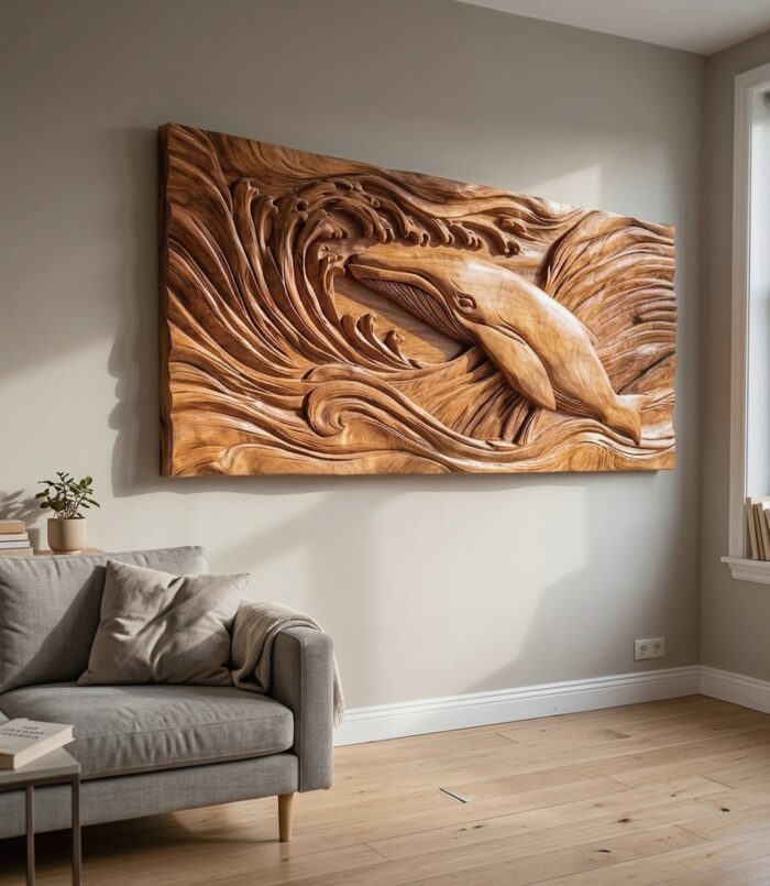 Handcrafted Whale Wood Wall Art For Coastal Boho Interior Design