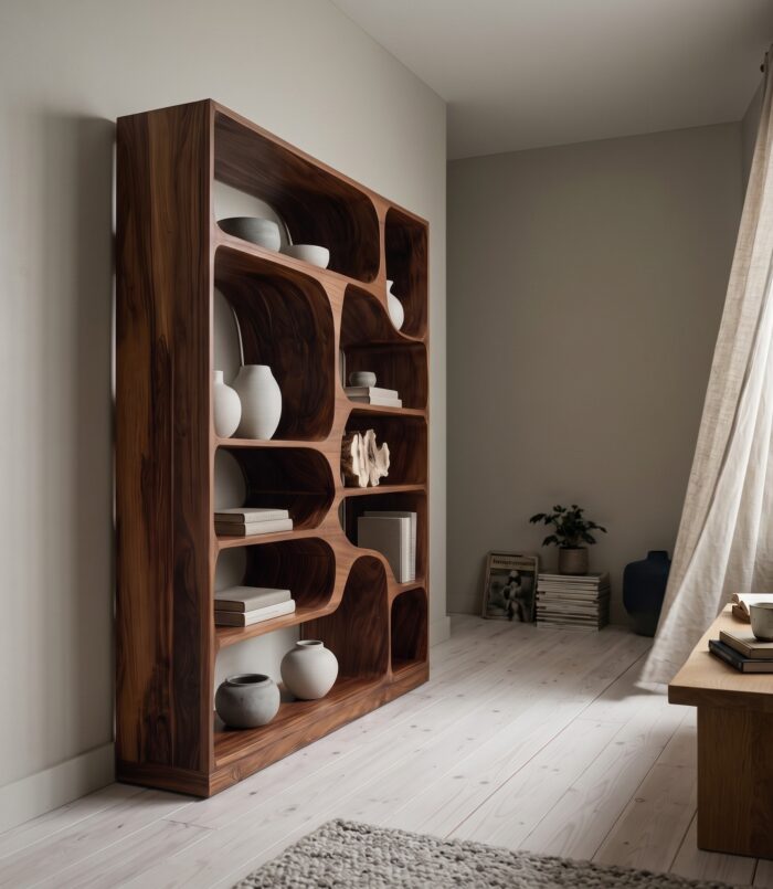 Artistic Wood Bookcase, Handcrafted Sculptural Bookshelf with Open Shelving for Living Room, Bedroom & Office