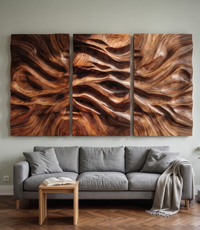 Modern Carved Wall Art, Handcrafted Textured Wooden Panel Hanging Decor for Living Room & Bedroom