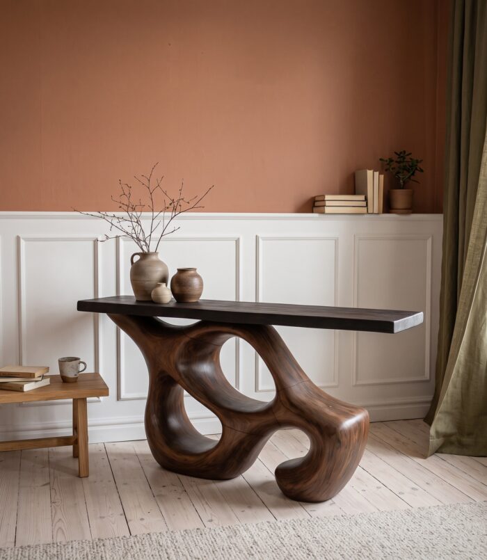 Artistic Sculptural Console Table, Abstract Hollow Wood Base Entryway Table for Living Room